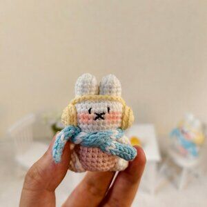 Handmade Amigurumi Crochet Miffy Wearing Headphones and Pink Scarf Plushie